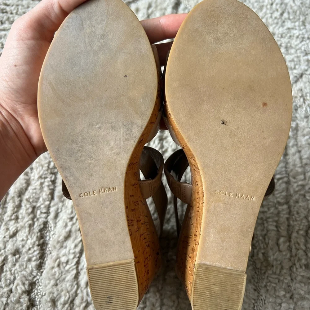 Cole Hann Neutral Cork Wedge Sandals with Gold Buckle
